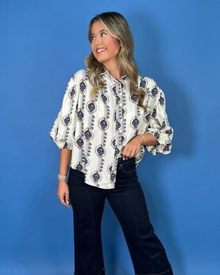Navy Oasis Gathered Sleeves Floral Button Up Top - All About You