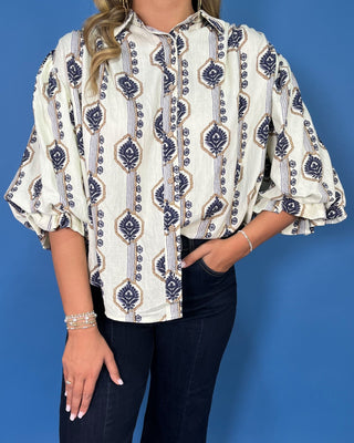 Navy Oasis Gathered Sleeves Floral Button Up Top - All About You
