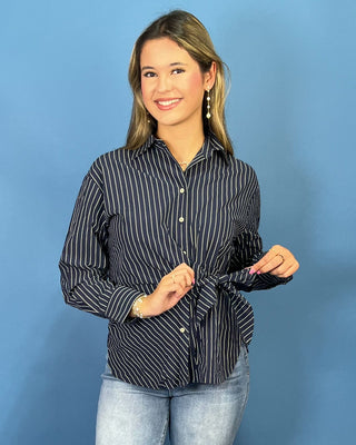 Newport Navy Stripe Tie Front Button Up Top - All About You