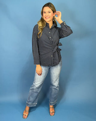 Newport Navy Stripe Tie Front Button Up Top - All About You