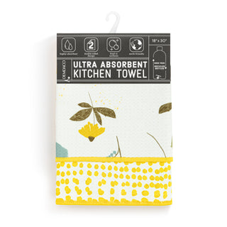 Kitchen towel packaging with floral design and text on a white background