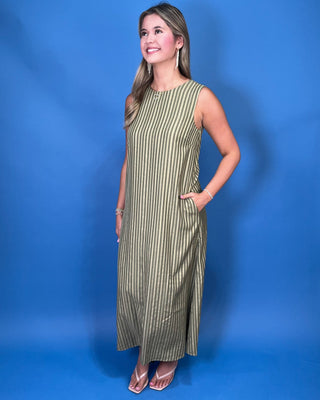 Olive Escape Sleeveless Striped Maxi Dress - All About You