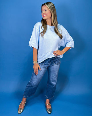 On A Cloud Blue High-Low Short Sleeve Knit Top - All About You