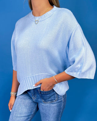 On A Cloud Blue High-Low Short Sleeve Knit Top - All About You