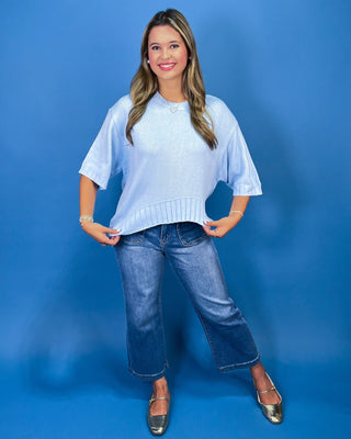 On A Cloud Blue High-Low Short Sleeve Knit Top - All About You