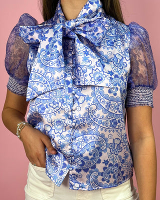 Paisley Parlor Tie - Neck Puff Sleeve Top - All About You