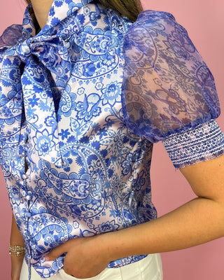 Paisley Parlor Tie - Neck Puff Sleeve Top - All About You