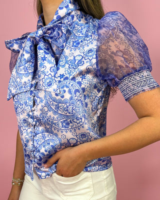 Paisley Parlor Tie - Neck Puff Sleeve Top - All About You