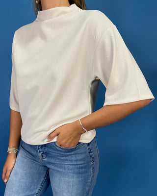 Pearl Essence Mock Neck Ribbed Short Sleeve Top - All About You