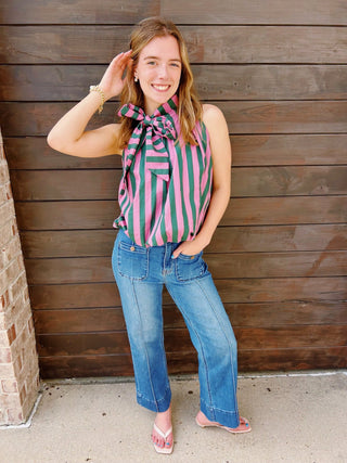 Pink & Hunter Stripe High Neck Bubble Hem Top - All About You