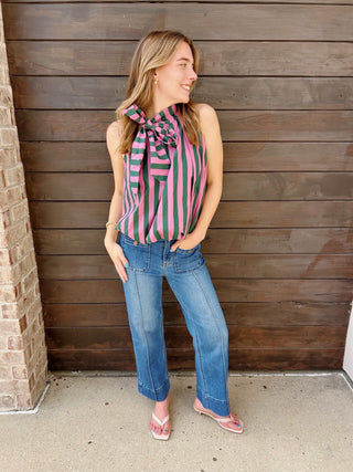 Pink & Hunter Stripe High Neck Bubble Hem Top - All About You