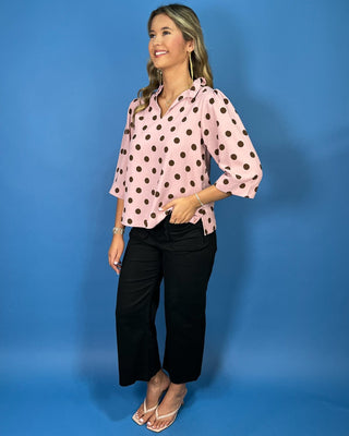 Pink Mocha Polka Dot Ruffle Detail V-Neck Top - All About You