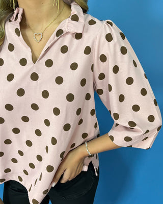 Pink Mocha Polka Dot Ruffle Detail V-Neck Top - All About You