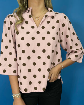 Pink Mocha Polka Dot Ruffle Detail V-Neck Top - All About You