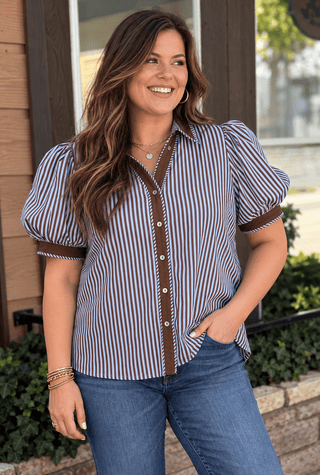 PLUS Blue Ridge Chocolate Stripe Puff Sleeve Top - All About You