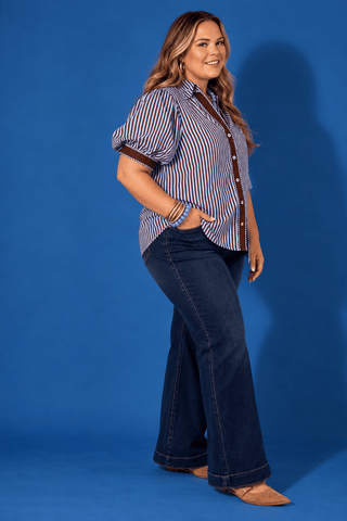 PLUS Blue Ridge Chocolate Stripe Puff Sleeve Top - All About You