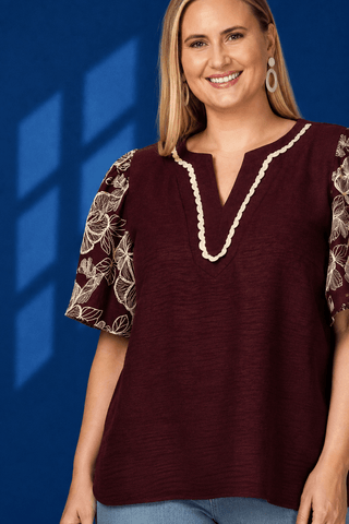 PLUS Cabernet Bloom Floral Puff Sleeve Top - All About You
