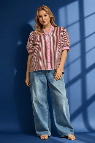 PLUS Cabernet Stripe Contrast Trim Button Up Top - All About You
