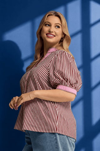 PLUS Cabernet Stripe Contrast Trim Button Up Top - All About You