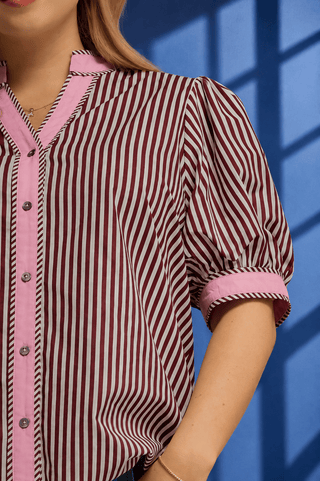 PLUS Cabernet Stripe Contrast Trim Button Up Top - All About You