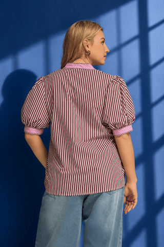 PLUS Cabernet Stripe Contrast Trim Button Up Top - All About You