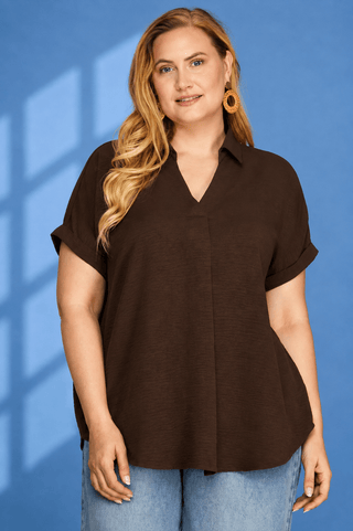 PLUS Coffee Date Brown Collared V-Neck Woven Top - All About You