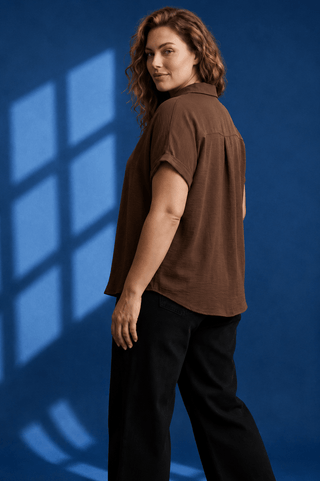 PLUS Coffee Date Brown Collared V-Neck Woven Top - All About You