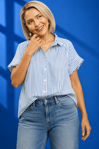 PLUS Easy Days Blue Stripe Button Up Scallop Top - All About You