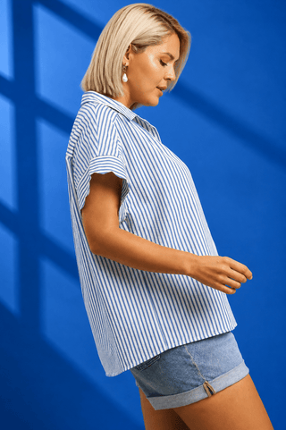 PLUS Easy Days Blue Stripe Button Up Scallop Top - All About You
