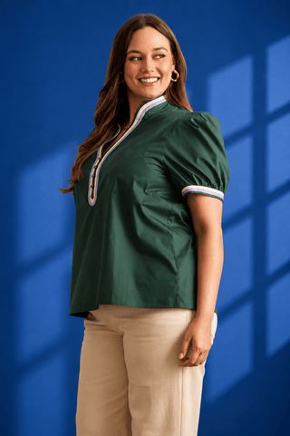 PLUS Fairway Emerald Contrast Trim Puff Sleeve Top - All About You