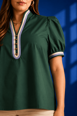 PLUS Fairway Emerald Contrast Trim Puff Sleeve Top - All About You