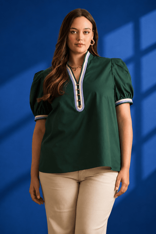 PLUS Fairway Emerald Contrast Trim Puff Sleeve Top - All About You