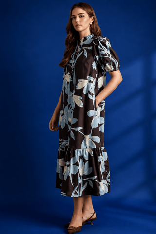 PLUS Juniper Brown Floral Puff Sleeve Midi Dress - All About You