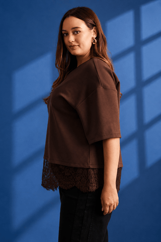 PLUS Lace & Latte Asymmetrical Lace Hem Brown Top - All About You