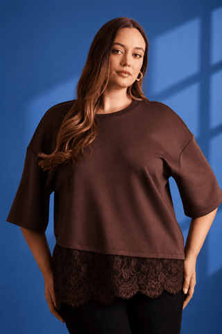 PLUS Lace & Latte Asymmetrical Lace Hem Brown Top - All About You