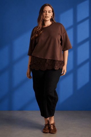 PLUS Lace & Latte Asymmetrical Lace Hem Brown Top - All About You