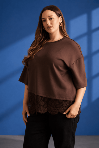 PLUS Lace & Latte Asymmetrical Lace Hem Brown Top - All About You