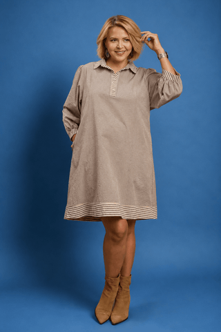 PLUS Latte Moment Stripe Contrast Tie Waist Dress - All About You