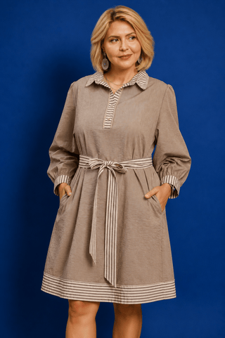 PLUS Latte Moment Stripe Contrast Tie Waist Dress - All About You