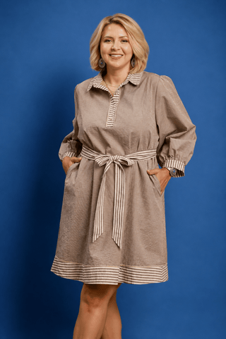PLUS Latte Moment Stripe Contrast Tie Waist Dress - All About You