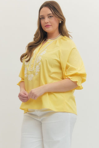 PLUS Limoncello Summer Embroidered Smocked Sleeve Top - All About You