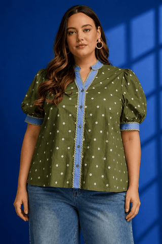 PLUS Olive Lane Contrast Trim Polka Dot Top - All About You