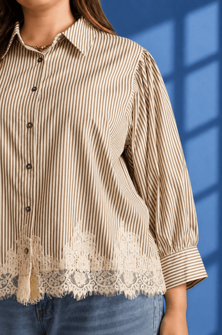 PLUS Out For Brunch Ivory & Brown Stripe Lace Top - All About You