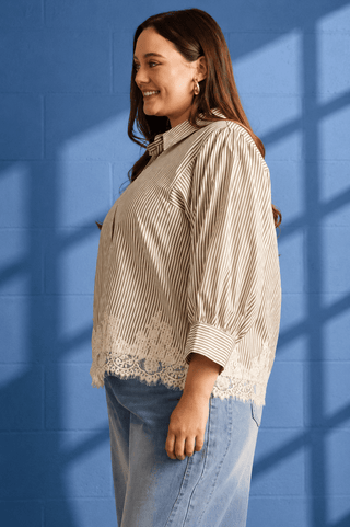 PLUS Out For Brunch Ivory & Brown Stripe Lace Top - All About You