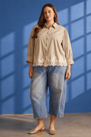 PLUS Out For Brunch Ivory & Brown Stripe Lace Top - All About You