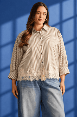 PLUS Out For Brunch Ivory & Brown Stripe Lace Top - All About You