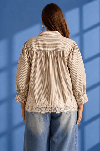 PLUS Out For Brunch Ivory & Brown Stripe Lace Top - All About You