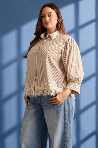 PLUS Out For Brunch Ivory & Brown Stripe Lace Top - All About You
