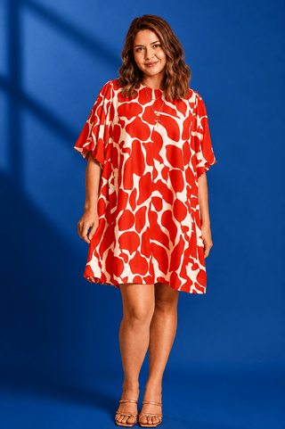 PLUS Red Hot Abstract Print Puff Sleeve Dress - All About You
