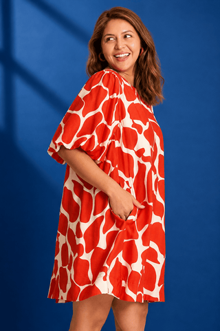 PLUS Red Hot Abstract Print Puff Sleeve Dress - All About You
